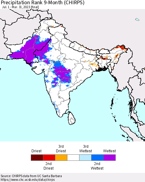 Southern Asia Precipitation Rank since 1981, 9-Month (CHIRPS) Thematic Map For 7/1/2022 - 3/31/2023