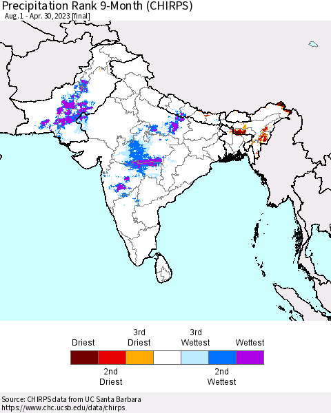 Southern Asia Precipitation Rank since 1981, 9-Month (CHIRPS) Thematic Map For 8/1/2022 - 4/30/2023