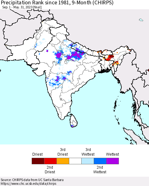 Southern Asia Precipitation Rank since 1981, 9-Month (CHIRPS) Thematic Map For 9/1/2022 - 5/31/2023
