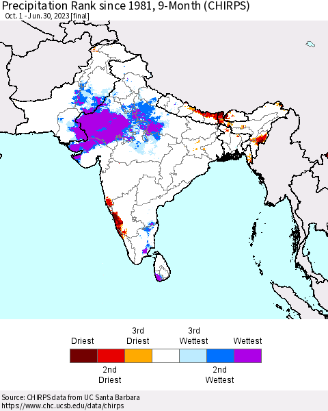 Southern Asia Precipitation Rank since 1981, 9-Month (CHIRPS) Thematic Map For 10/1/2022 - 6/30/2023