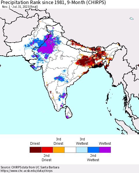 Southern Asia Precipitation Rank since 1981, 9-Month (CHIRPS) Thematic Map For 11/1/2022 - 7/31/2023