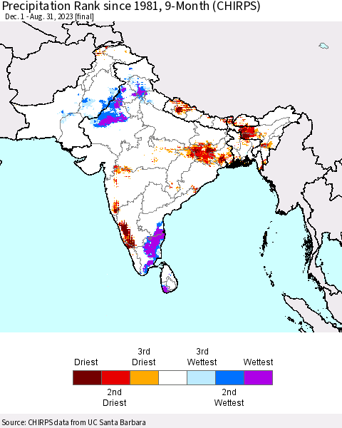 Southern Asia Precipitation Rank since 1981, 9-Month (CHIRPS) Thematic Map For 12/1/2022 - 8/31/2023