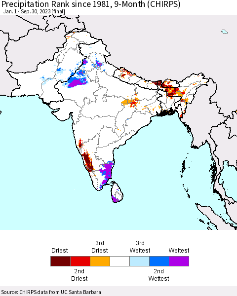 Southern Asia Precipitation Rank since 1981, 9-Month (CHIRPS) Thematic Map For 1/1/2023 - 9/30/2023
