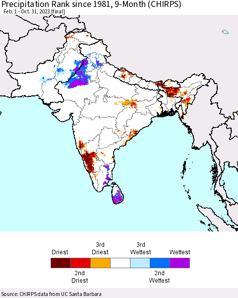 Southern Asia Precipitation Rank since 1981, 9-Month (CHIRPS) Thematic Map For 2/1/2023 - 10/31/2023