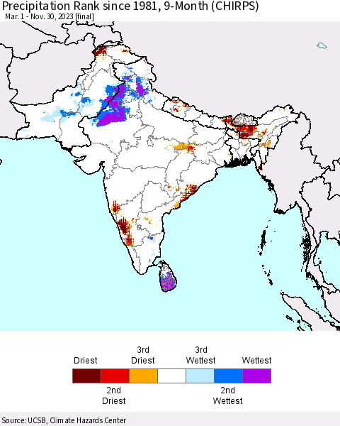 Southern Asia Precipitation Rank since 1981, 9-Month (CHIRPS) Thematic Map For 3/1/2023 - 11/30/2023