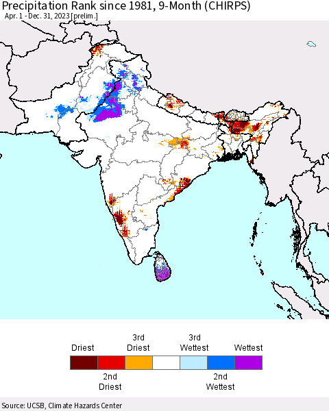 Southern Asia Precipitation Rank since 1981, 9-Month (CHIRPS) Thematic Map For 4/1/2023 - 12/31/2023