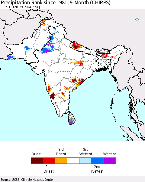 Southern Asia Precipitation Rank since 1981, 9-Month (CHIRPS) Thematic Map For 6/1/2023 - 2/29/2024