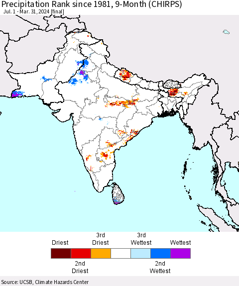 Southern Asia Precipitation Rank since 1981, 9-Month (CHIRPS) Thematic Map For 7/1/2023 - 3/31/2024