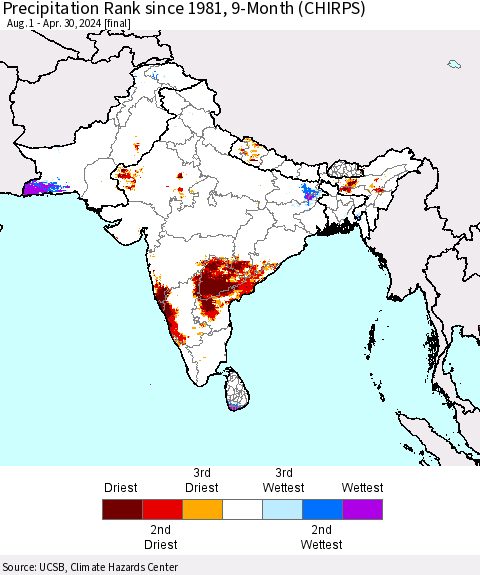 Southern Asia Precipitation Rank since 1981, 9-Month (CHIRPS) Thematic Map For 8/1/2023 - 4/30/2024