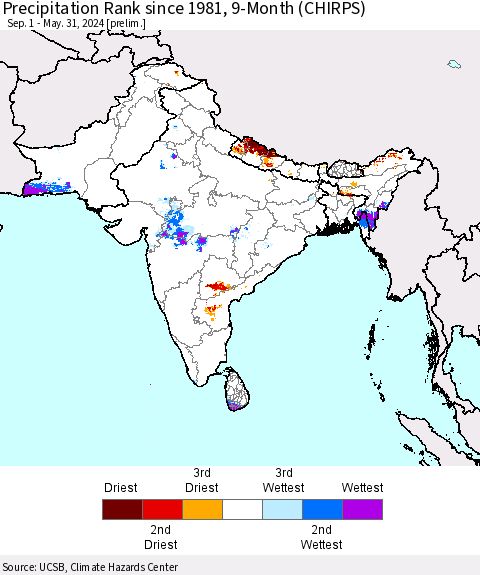 Southern Asia Precipitation Rank since 1981, 9-Month (CHIRPS) Thematic Map For 9/1/2023 - 5/31/2024