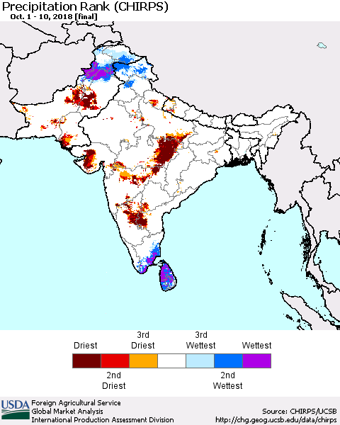Southern Asia Precipitation Rank (CHIRPS) Thematic Map For 10/1/2018 - 10/10/2018