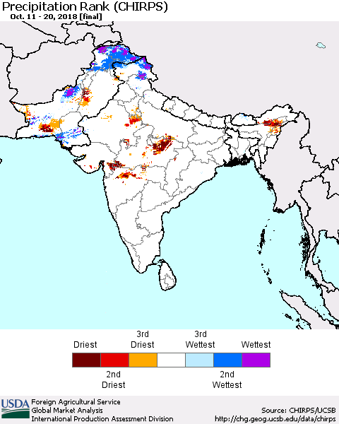 Southern Asia Precipitation Rank (CHIRPS) Thematic Map For 10/11/2018 - 10/20/2018