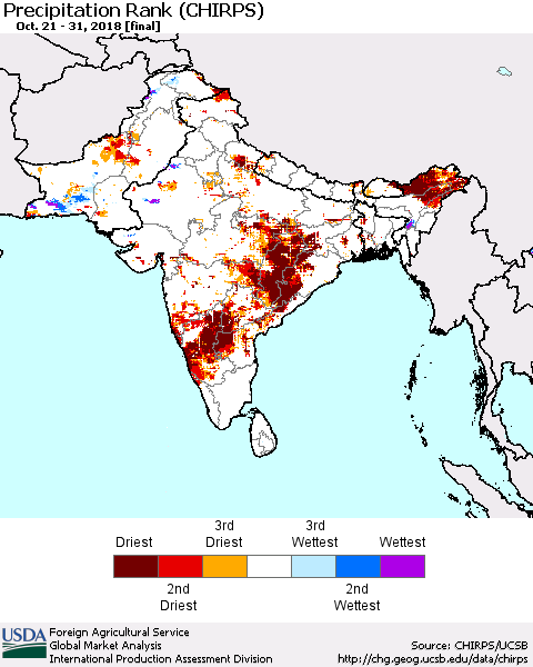 Southern Asia Precipitation Rank since 1981 (CHIRPS) Thematic Map For 10/21/2018 - 10/31/2018