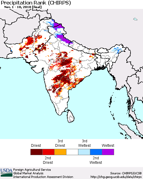 Southern Asia Precipitation Rank since 1981 (CHIRPS) Thematic Map For 11/1/2018 - 11/10/2018