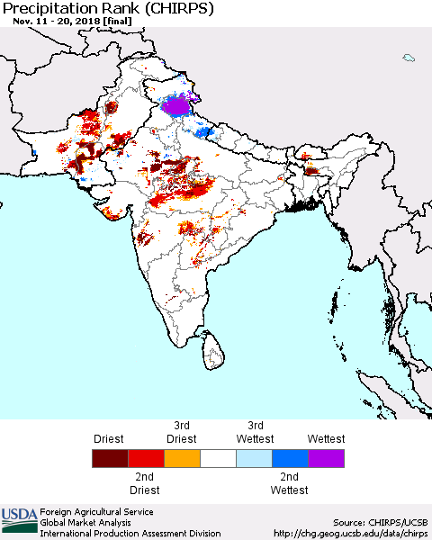 Southern Asia Precipitation Rank (CHIRPS) Thematic Map For 11/11/2018 - 11/20/2018