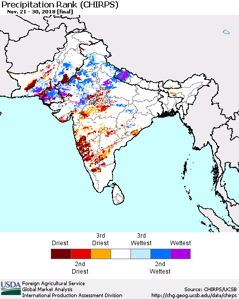 Southern Asia Precipitation Rank (CHIRPS) Thematic Map For 11/21/2018 - 11/30/2018