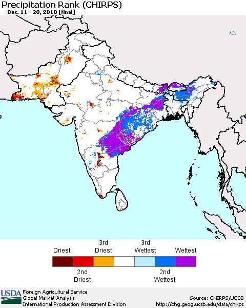 Southern Asia Precipitation Rank (CHIRPS) Thematic Map For 12/11/2018 - 12/20/2018