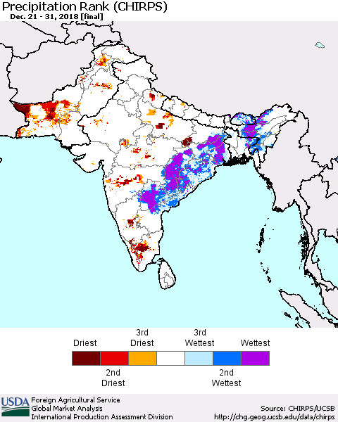 Southern Asia Precipitation Rank (CHIRPS) Thematic Map For 12/21/2018 - 12/31/2018