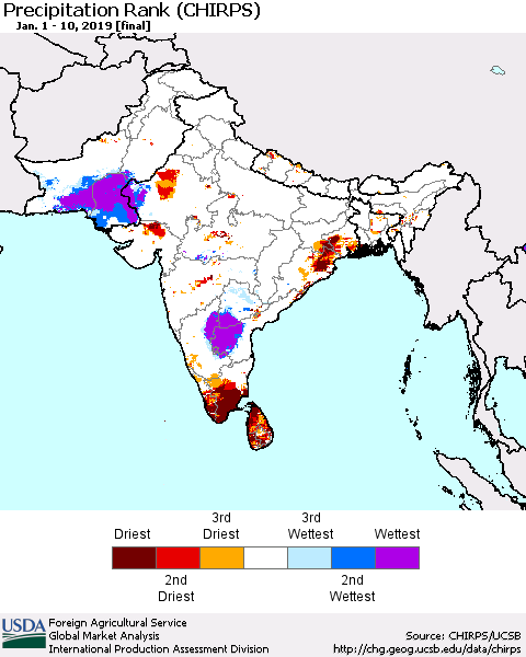 Southern Asia Precipitation Rank since 1981 (CHIRPS) Thematic Map For 1/1/2019 - 1/10/2019