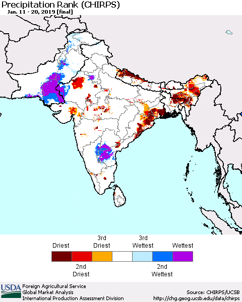 Southern Asia Precipitation Rank (CHIRPS) Thematic Map For 1/11/2019 - 1/20/2019