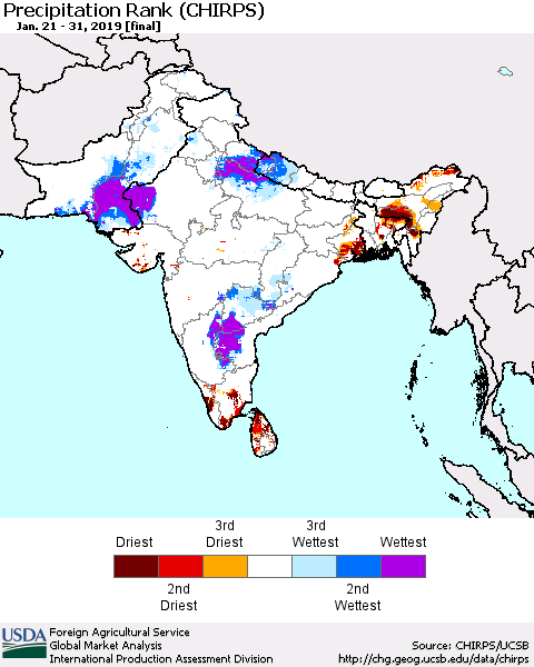 Southern Asia Precipitation Rank (CHIRPS) Thematic Map For 1/21/2019 - 1/31/2019