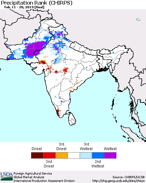 Southern Asia Precipitation Rank (CHIRPS) Thematic Map For 2/11/2019 - 2/20/2019