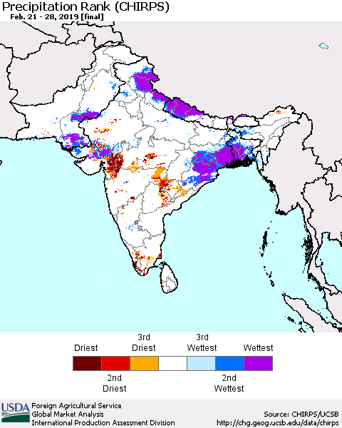Southern Asia Precipitation Rank (CHIRPS) Thematic Map For 2/21/2019 - 2/28/2019