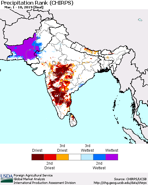 Southern Asia Precipitation Rank (CHIRPS) Thematic Map For 3/1/2019 - 3/10/2019