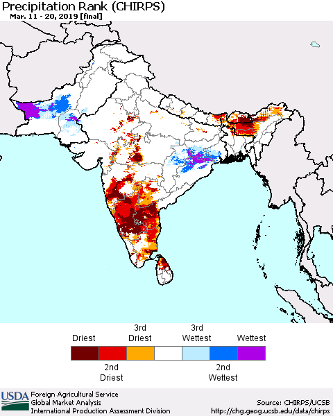 Southern Asia Precipitation Rank (CHIRPS) Thematic Map For 3/11/2019 - 3/20/2019
