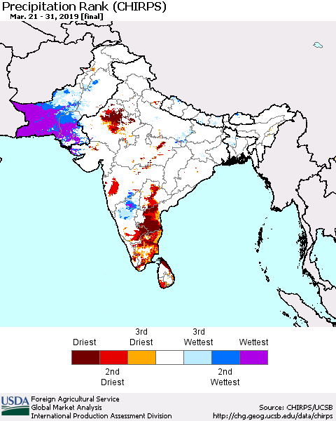Southern Asia Precipitation Rank (CHIRPS) Thematic Map For 3/21/2019 - 3/31/2019