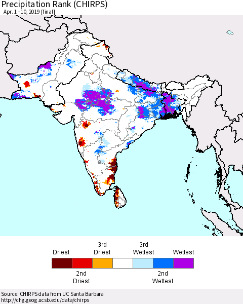 Southern Asia Precipitation Rank (CHIRPS) Thematic Map For 4/1/2019 - 4/10/2019