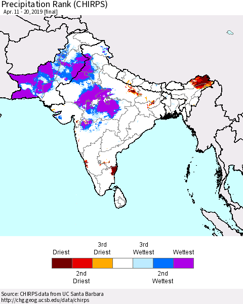 Southern Asia Precipitation Rank (CHIRPS) Thematic Map For 4/11/2019 - 4/20/2019