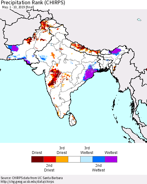 Southern Asia Precipitation Rank since 1981 (CHIRPS) Thematic Map For 5/1/2019 - 5/10/2019