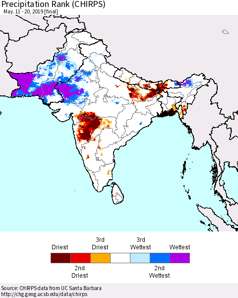 Southern Asia Precipitation Rank since 1981 (CHIRPS) Thematic Map For 5/11/2019 - 5/20/2019