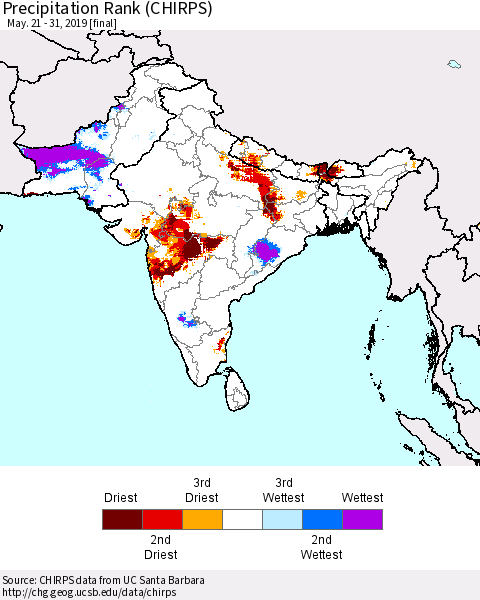 Southern Asia Precipitation Rank since 1981 (CHIRPS) Thematic Map For 5/21/2019 - 5/31/2019
