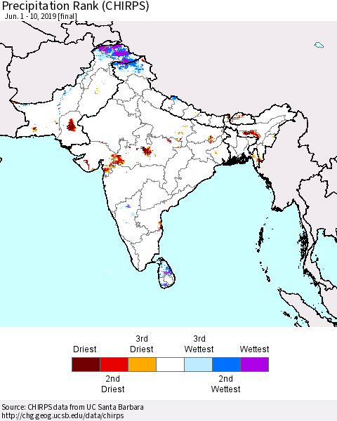 Southern Asia Precipitation Rank since 1981 (CHIRPS) Thematic Map For 6/1/2019 - 6/10/2019