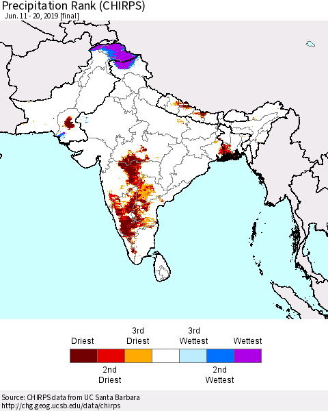 Southern Asia Precipitation Rank since 1981 (CHIRPS) Thematic Map For 6/11/2019 - 6/20/2019