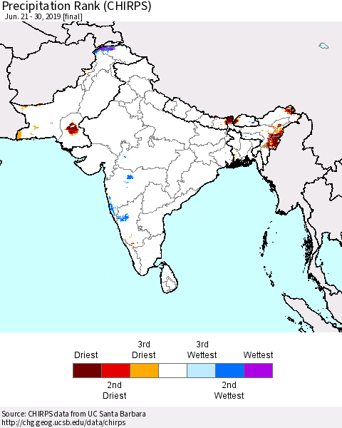 Southern Asia Precipitation Rank since 1981 (CHIRPS) Thematic Map For 6/21/2019 - 6/30/2019