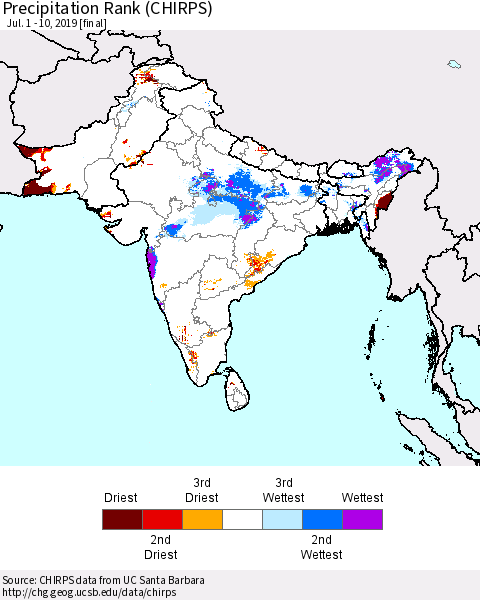 Southern Asia Precipitation Rank since 1981 (CHIRPS) Thematic Map For 7/1/2019 - 7/10/2019