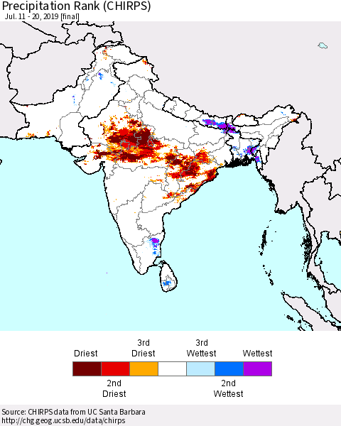 Southern Asia Precipitation Rank since 1981 (CHIRPS) Thematic Map For 7/11/2019 - 7/20/2019