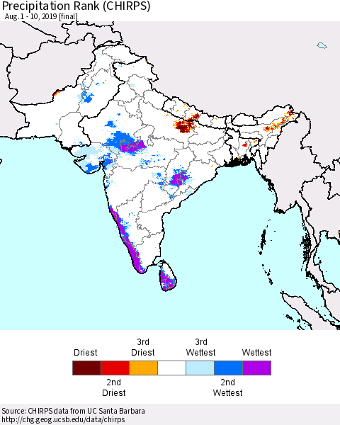 Southern Asia Precipitation Rank since 1981 (CHIRPS) Thematic Map For 8/1/2019 - 8/10/2019