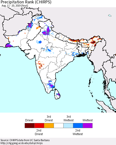 Southern Asia Precipitation Rank since 1981 (CHIRPS) Thematic Map For 8/11/2019 - 8/20/2019