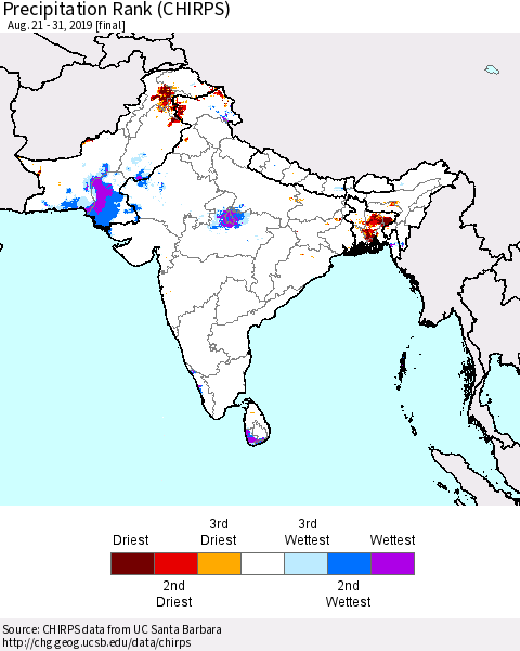 Southern Asia Precipitation Rank since 1981 (CHIRPS) Thematic Map For 8/21/2019 - 8/31/2019