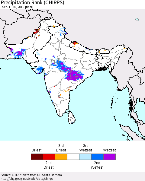 Southern Asia Precipitation Rank since 1981 (CHIRPS) Thematic Map For 9/1/2019 - 9/10/2019