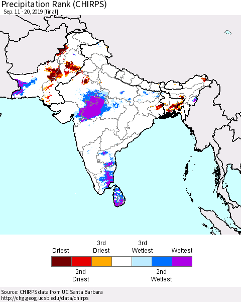 Southern Asia Precipitation Rank since 1981 (CHIRPS) Thematic Map For 9/11/2019 - 9/20/2019