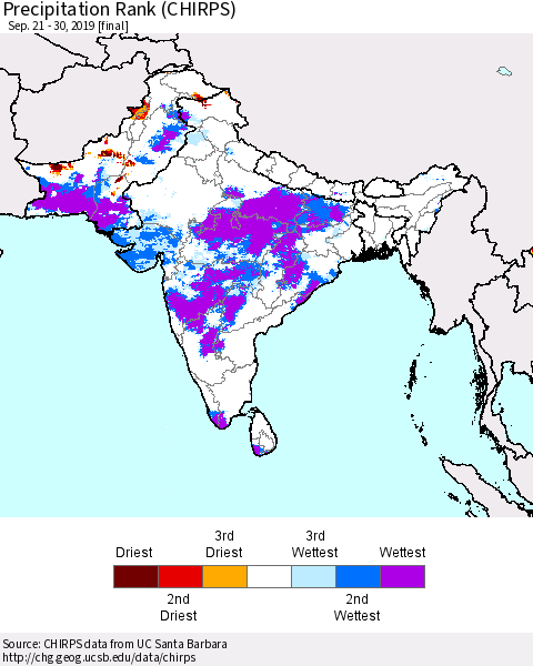 Southern Asia Precipitation Rank since 1981 (CHIRPS) Thematic Map For 9/21/2019 - 9/30/2019