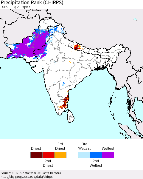 Southern Asia Precipitation Rank (CHIRPS) Thematic Map For 10/1/2019 - 10/10/2019