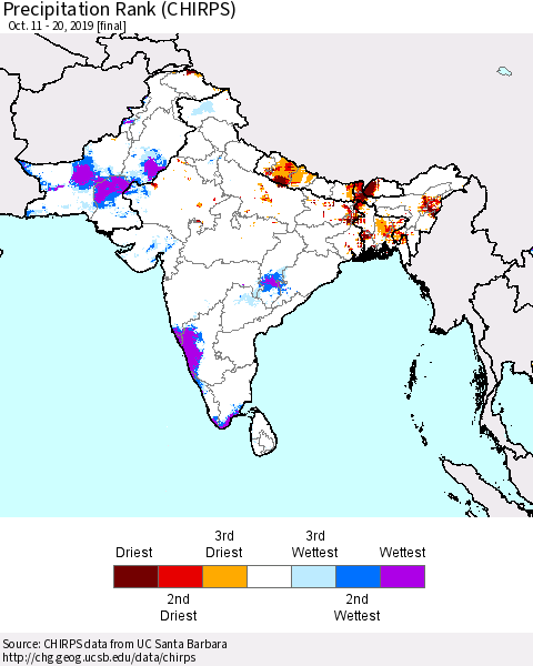 Southern Asia Precipitation Rank since 1981 (CHIRPS) Thematic Map For 10/11/2019 - 10/20/2019