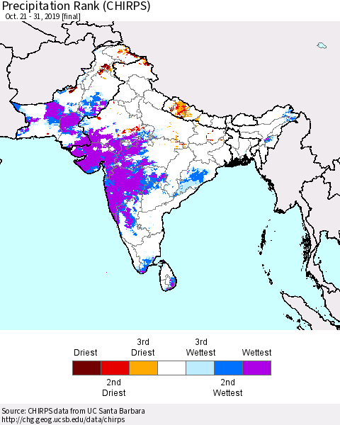 Southern Asia Precipitation Rank since 1981 (CHIRPS) Thematic Map For 10/21/2019 - 10/31/2019