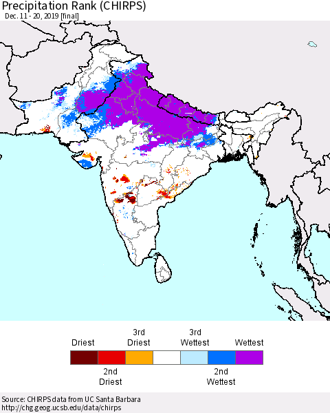 Southern Asia Precipitation Rank (CHIRPS) Thematic Map For 12/11/2019 - 12/20/2019